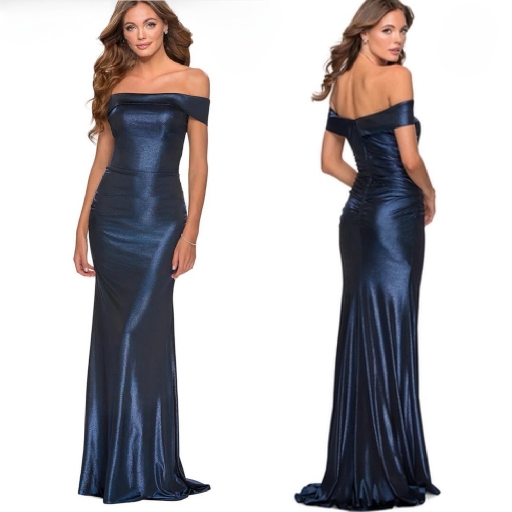 La FEMME Metallic Off The Shoulder Navy Maxi Evening Gown Dress 28740 Size 8 NEW